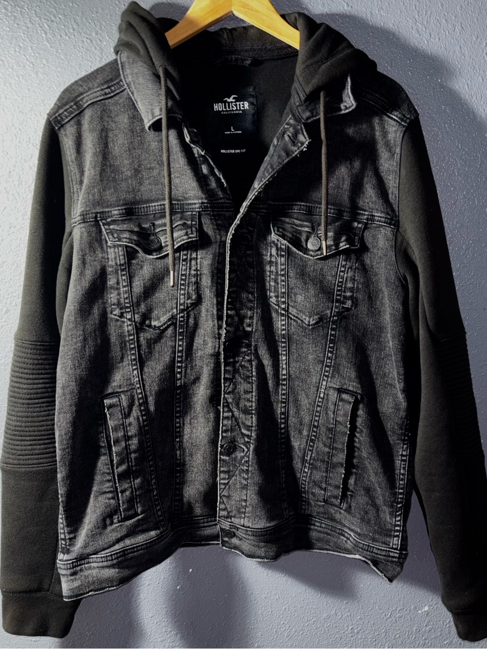 Hollister Black Washed Denim Jacket with Hood